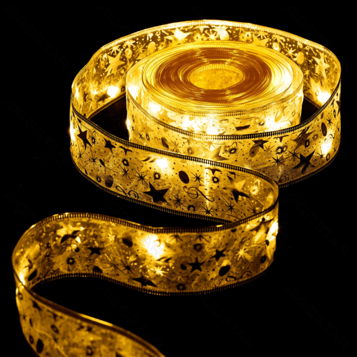 3AA Battery String Lights 5cm Golden Star Ribbon Warm White 10m IP44, Indoor&Outdoor