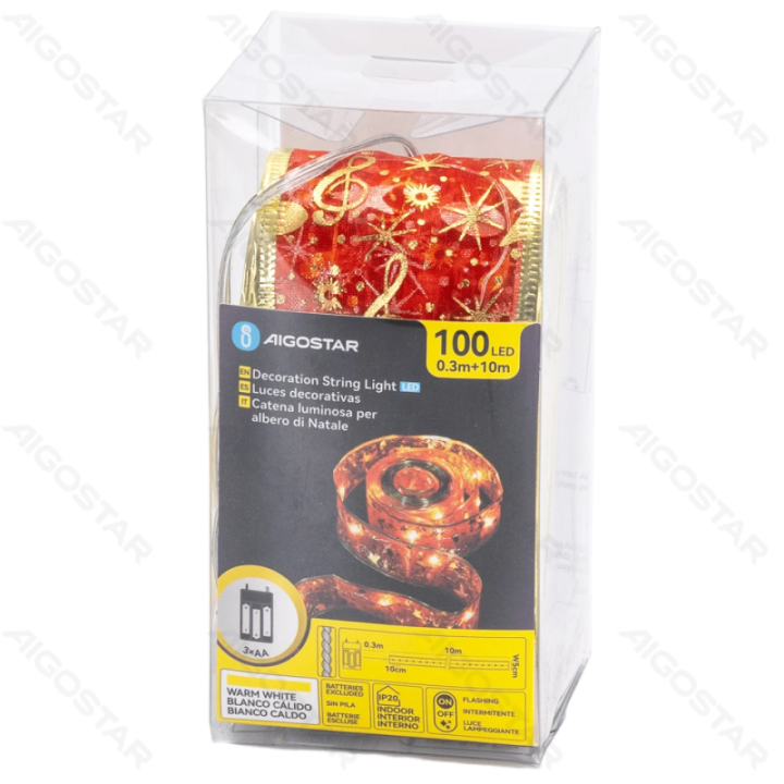 3AA baterijų girlianda 5cm raudonos žvaigždės juostelė šiltai balta 10m IP44, vidaus ir lauko