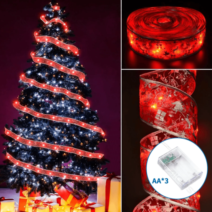 3AA Battery String Lights 5cm Red Star Ribbon Warm White 10m IP44, Indoor&Outdoor