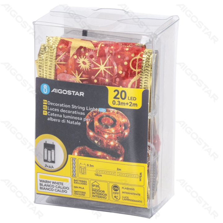 3AA baterijų girlianda 5cm raudonos žvaigždės juostelė šiltai balta 2m IP44, vidaus ir lauko