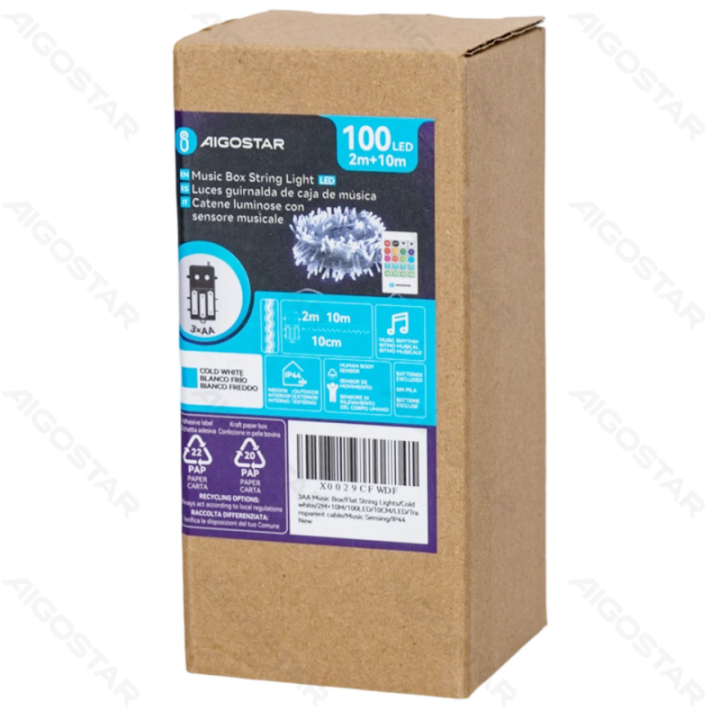 3AA Music Box Flat String Lights Cold White 10m IP44, Indoor&Outdoor