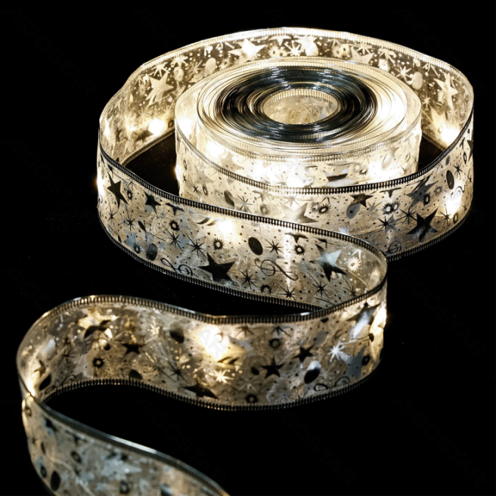 3AA Battery String Lights 5cm Silver Star Ribbon Warm White 5m IP44, Indoor&Outdoor