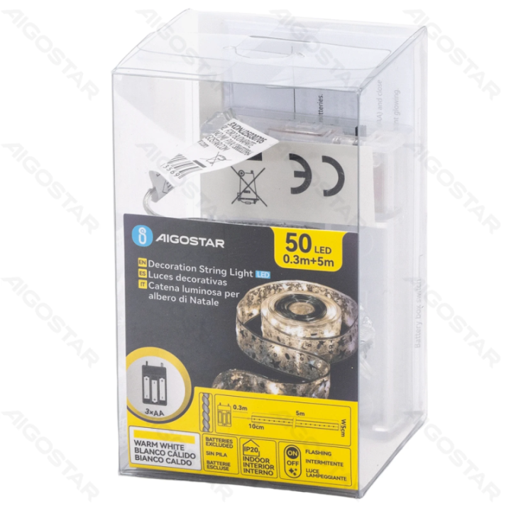 3AA Battery String Lights 5cm Silver Star Ribbon Warm White 5m IP44, Indoor&Outdoor