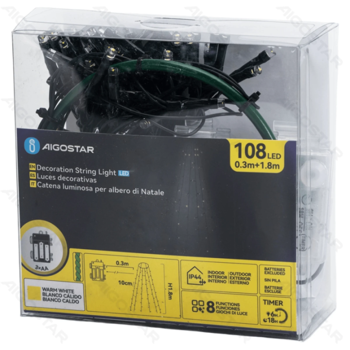 3AA baterijų girliandos medžio apdangalas, šiltai balta, 1.8m IP44, patalpose ir lauke