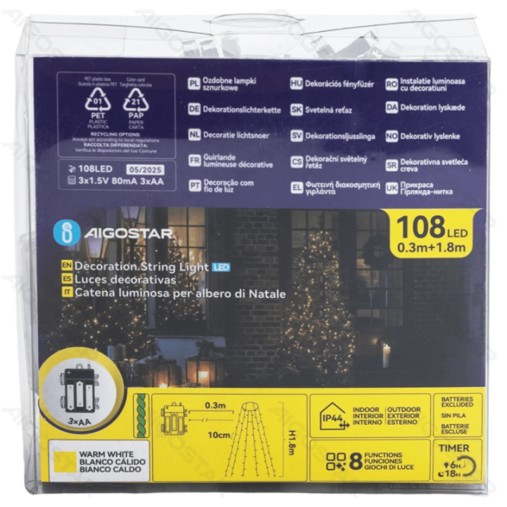 3AA baterijų girliandos medžio apdangalas, šiltai balta, 1.8m IP44, patalpose ir lauke