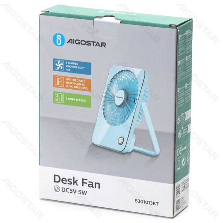 Portable Table Fan, 3 Inches, 5 Blades, 3 Speeds, 3600mAh, Blue