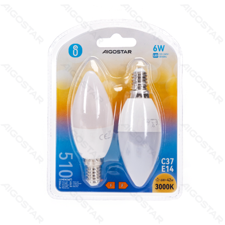 LED C37 Globe Bulb-E14-6W-3000K-510lm-2 pcs