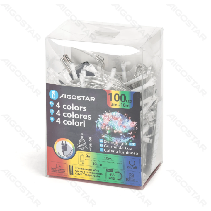 Žemos įtampos plokščios girliandos, RGBY, 10m IP44, vidaus ir lauko