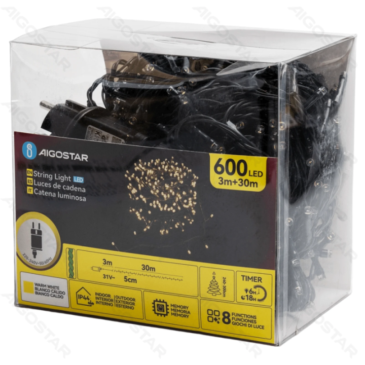 Žemos įtampos plokščios girliandos, Šiltai balta, 30m IP44, vidaus ir lauko