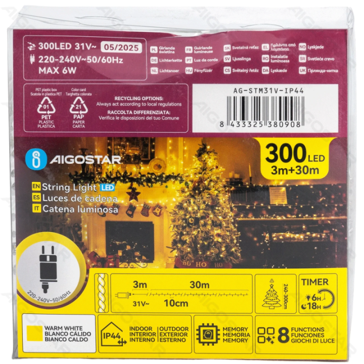 Mažos įtampos plokščios girliandos, šilta balta, 30m IP44, Patalpose ir lauke