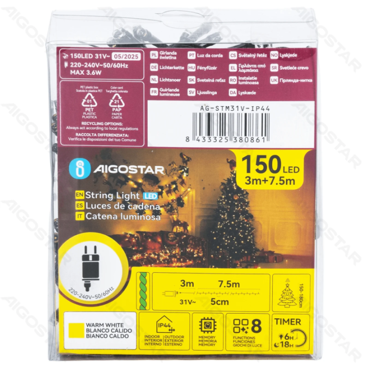 Mažos įtampos plokščios girliandos, šilta balta, 7.5m ,IP44, Patalpose ir lauke