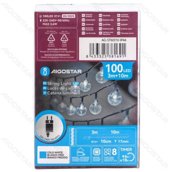 Mažos įtampos burbulinės girliandos, šalta balta, 10m ,IP44, Patalpose ir lauke