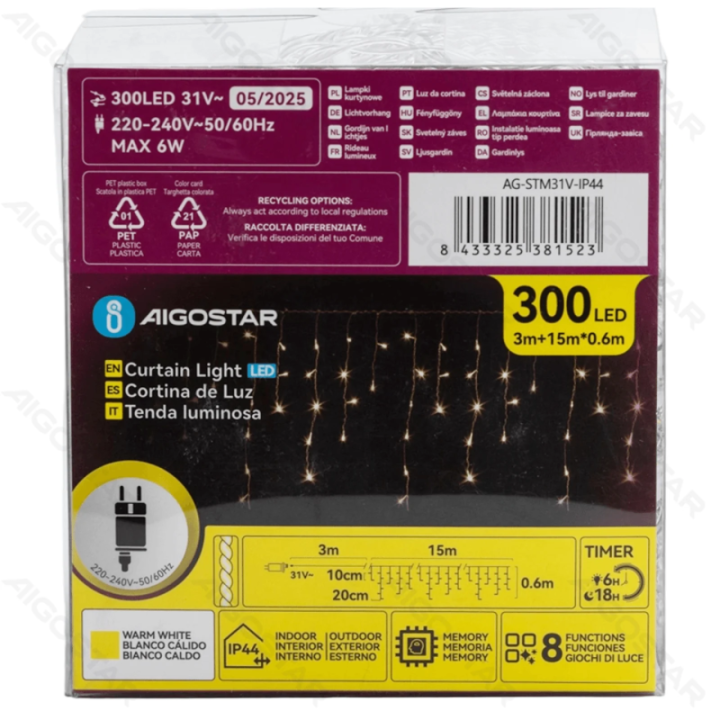 Low voltage icicle (wave) flat string lights, warm white, 15m*0.6m, IP44, Indoor&Outdoor 75 strips