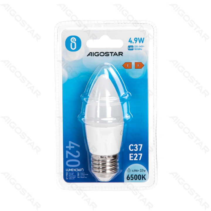 LED C37 apvali lemputė-E27-4.9W-6500K-420lm