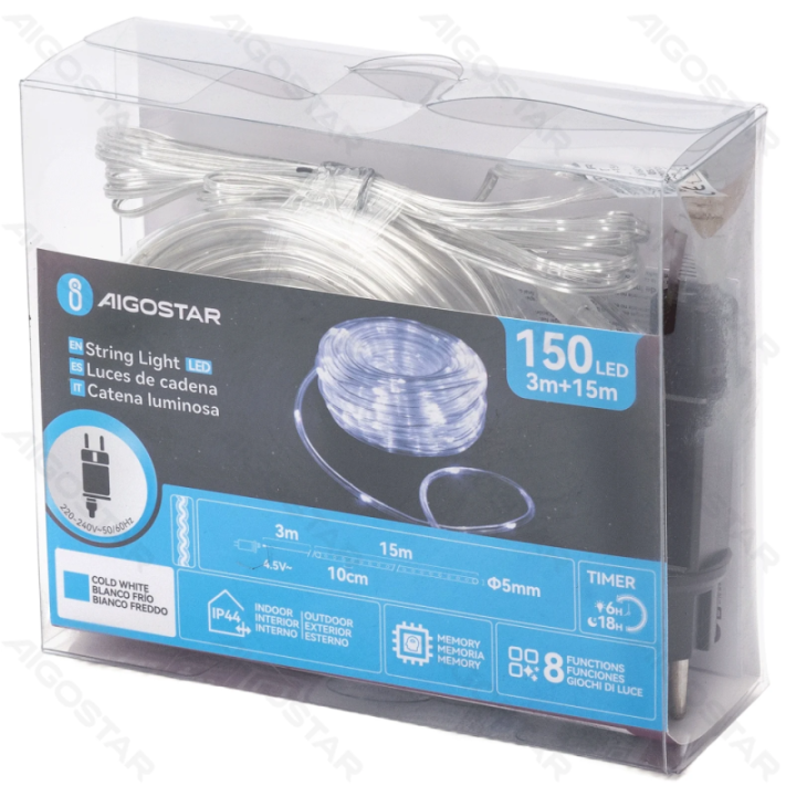 Žemos įtampos -Φ5mm vamzdelio girliandos, šaltai balta, 15m ,IP44, Vidaus ir lauko