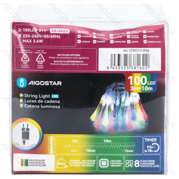 Žemos įtampos lašo formos girlianda, RGBY, 10m,IP44, Vidaus&Lauko