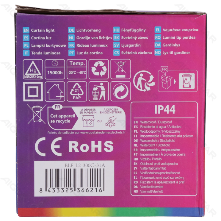 Low voltage connectable Icicle flush flat string lights, RGBY, 3m+3m*1m, 30strips ,IP44, Indoor&Outdoor