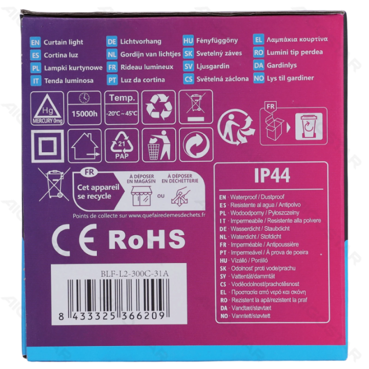 Žemos įtampos sujungiamas plokščias varveklio girliandas, šaltai balta, 3m+3m*1m, 30 juostų,IP44, Vidaus&Lauko