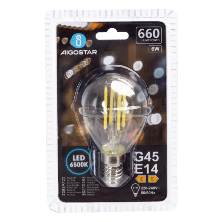 LED Siūlinė lemputė (skaidri) G45 E14 6W