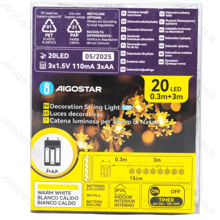 3AA battery string lights - pendant snowflake, warm white, 3m ,IP20 Indoor