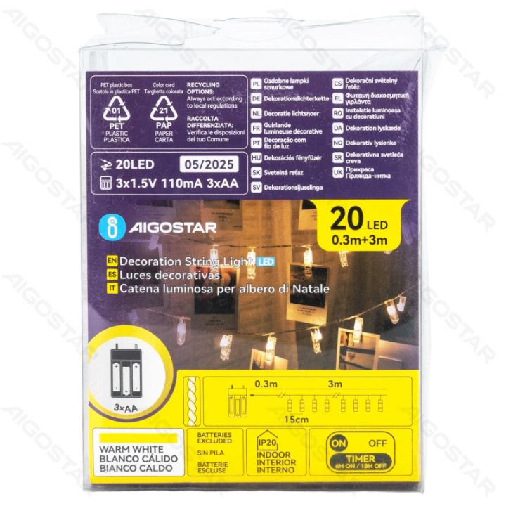 3AA battery string lights - pendant clip, warm white, 3m ,IP20 Indoor