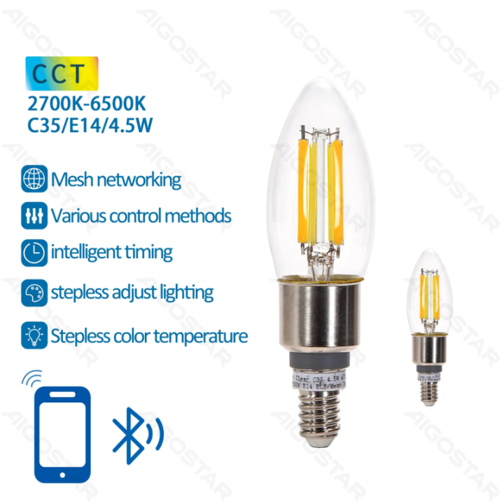 Bluetooth Mesh išmanioji pluošto lemputė C35 4.5W CCT 2pcs, su nuotoliniu valdymu