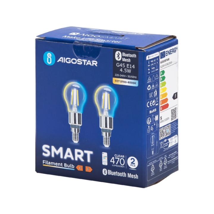Bluetooth Mesh išmanioji pluošto lemputė G45 4.5W CCT 2pcs, su nuotoliniu valdymu
