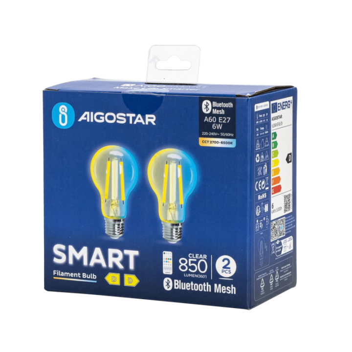 Bluetooth Mesh Smart Filament Bulb A60 E27 6W CCT 2pcs ,with remote control