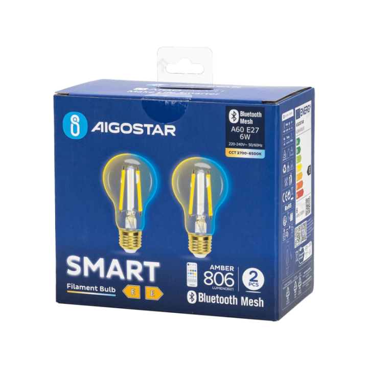 Bluetooth Mesh Smart Filament Bulb A60 6W CCT 2pcs ,with remote control