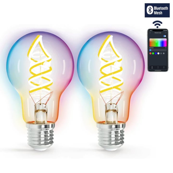 Bluetooth Mesh išmanioji filamento lemputė A60 E27 4.9W RGBW 2 vnt., su nuotoliniu valdymu