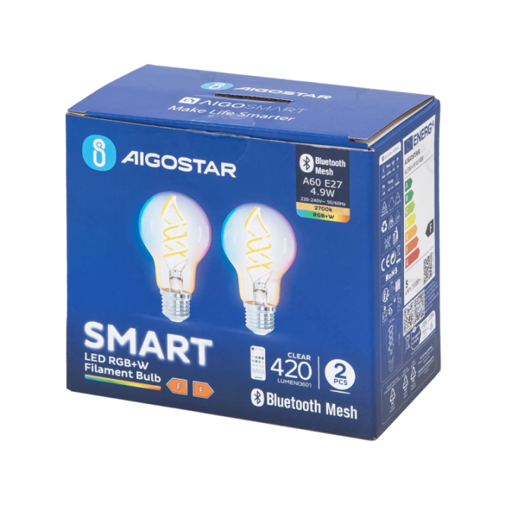 Bluetooth Mesh išmanioji filamento lemputė A60 E27 4.9W RGBW 2 vnt., su nuotoliniu valdymu
