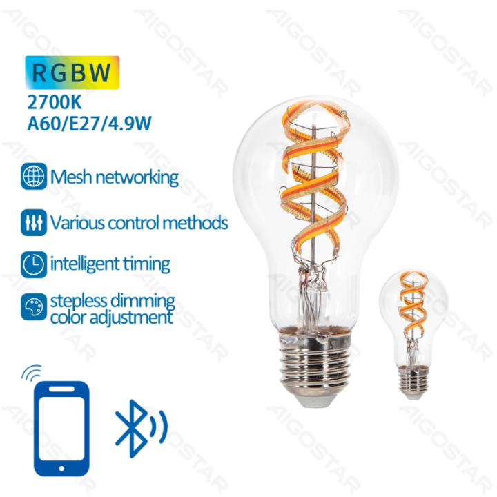 Bluetooth Mesh Smart Filament Bulb A60 E27 4.9W RGBW 2pcs ,with remote control