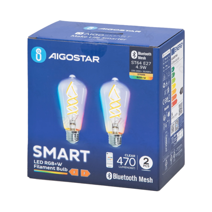 Bluetooth Mesh išmanioji filamento lemputė ST64 4.9W RGBW 2 vnt., su nuotoliniu valdymu