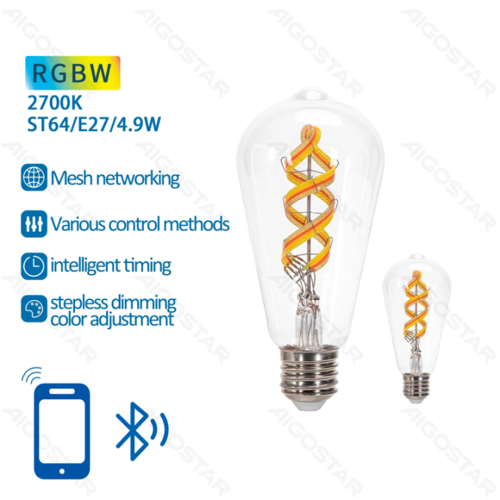 Bluetooth Mesh Smart Filament Bulb ST64 4.9W RGBW 2pcs ,with remote control