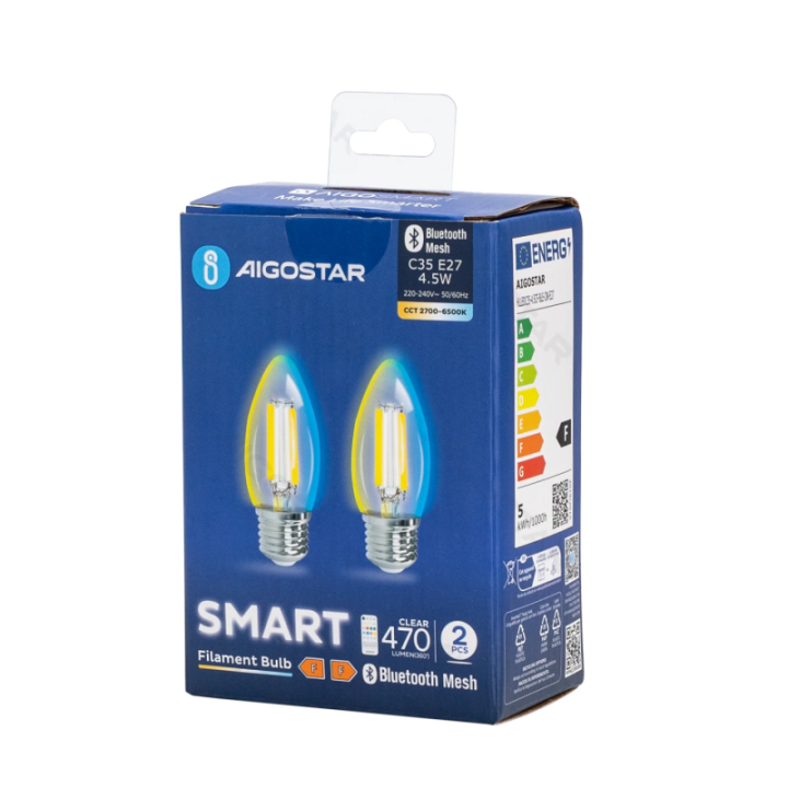 Bluetooth Mesh išmanioji filamento lemputė C35 4.5W CCT 2 vnt., su nuotoliniu valdymu