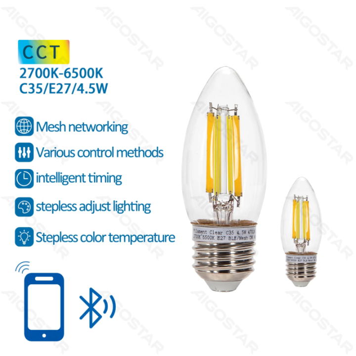 Bluetooth Mesh išmanioji filamento lemputė C35 4.5W CCT 2 vnt., su nuotoliniu valdymu