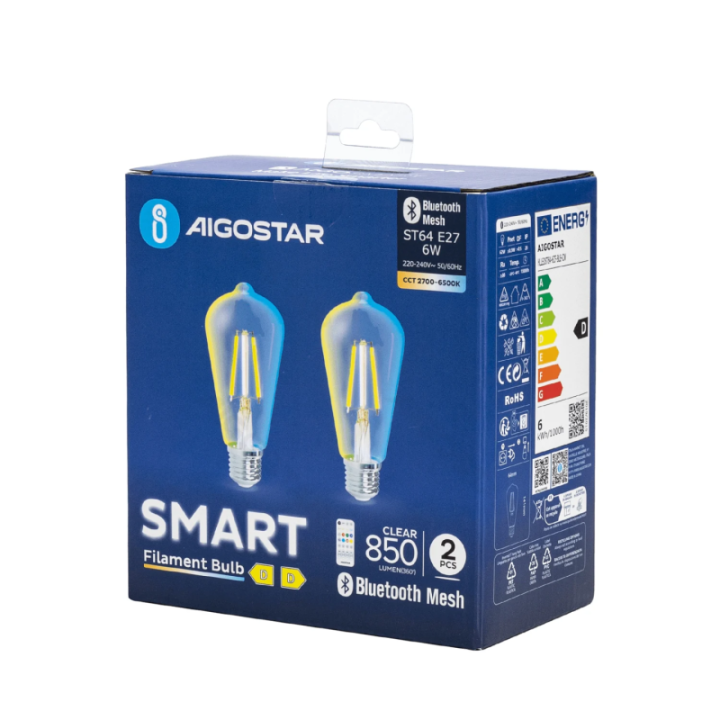 Bluetooth Mesh išmanioji filamento lemputė ST64 6W CCT 2 vnt., su nuotoliniu valdymu