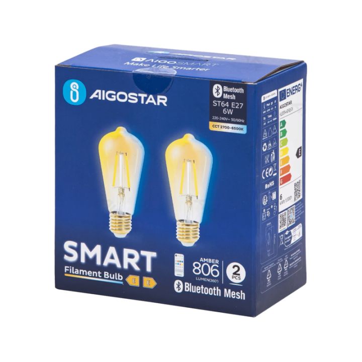Bluetooth Mesh Smart Filament Bulb ST64 6W CCT 2pcs ,with remote control