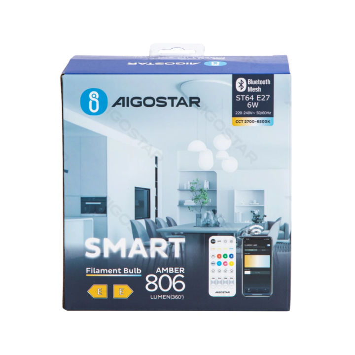 Bluetooth Mesh išmanioji filamento lemputė ST64 6W CCT 2 vnt., su nuotoliniu valdymu
