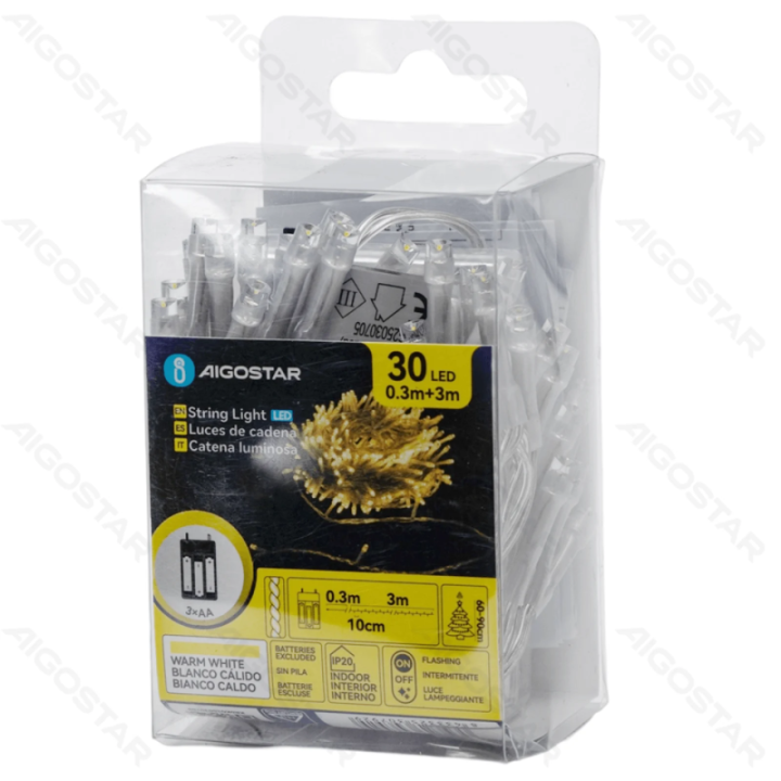3AA baterijų plokščios girliandos, šilta balta, 3m, IP20, Vidaus