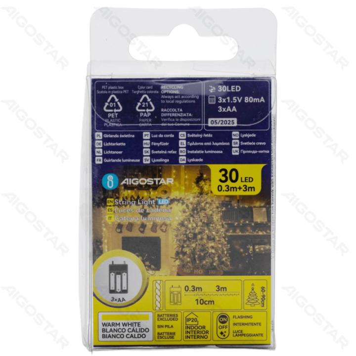 3AA baterijų plokščios girliandos, šilta balta, 3m, IP20, Vidaus