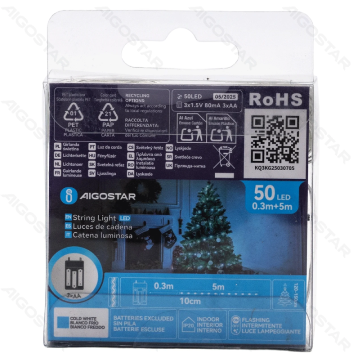 3AA baterijų girliandos (PVC & varis), šalta balta, 5m, IP20, Vidaus