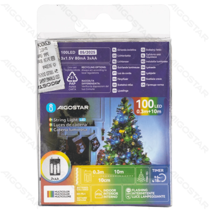 3AA baterijų girliandos (PVC & varis), RGBY, 10m, IP20, Vidaus