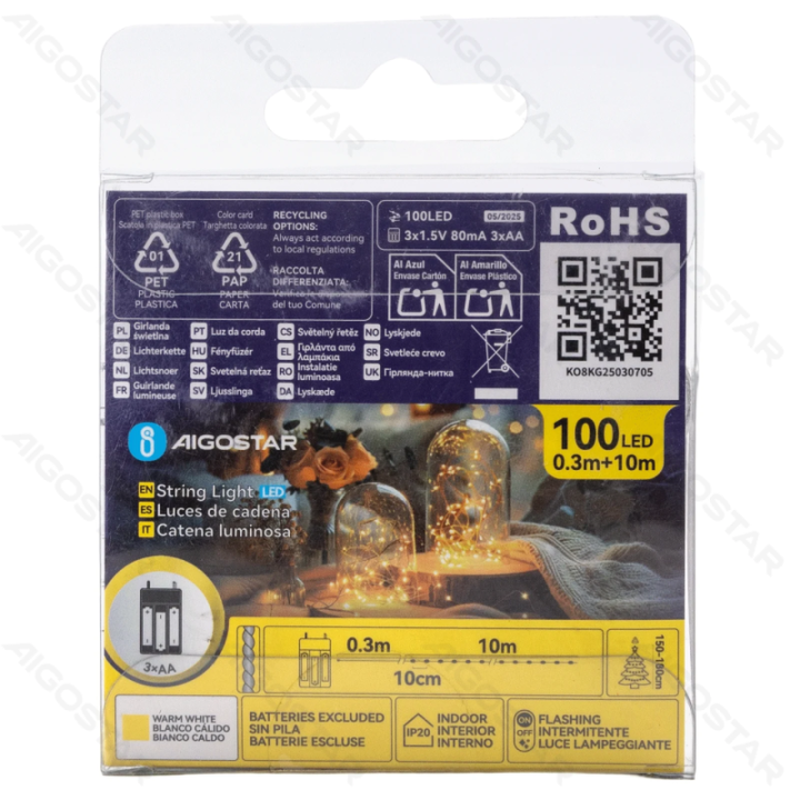 3AA baterijų varinė girlianda, šiltai balta, 10m ,IP20 Vidaus