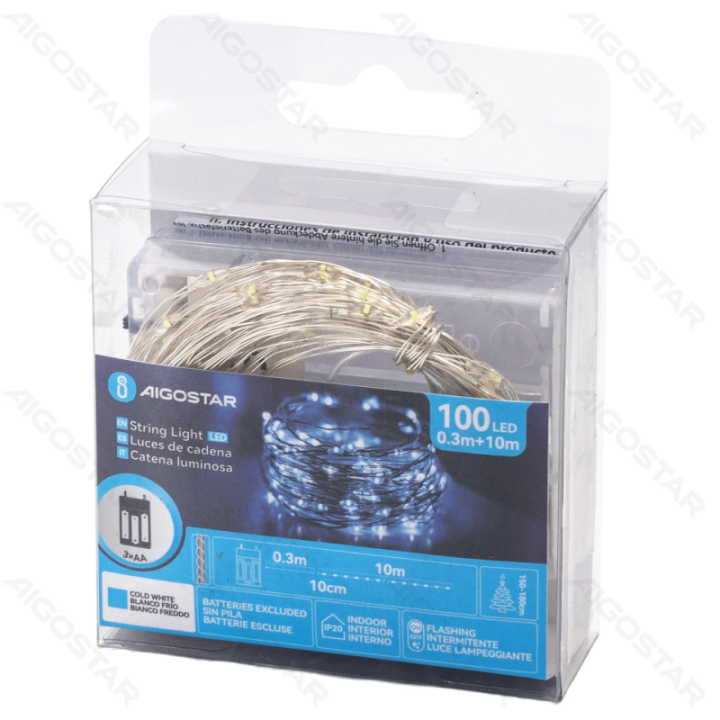 3AA baterijų varinė girlianda, šaltai balta, 10m ,IP20 Vidaus