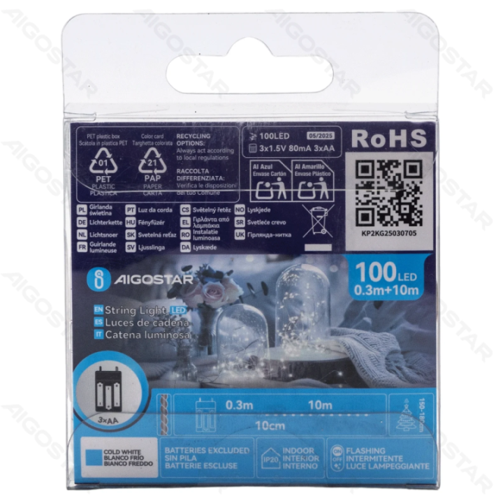 3AA baterijų varinė girlianda, šaltai balta, 10m ,IP20 Vidaus