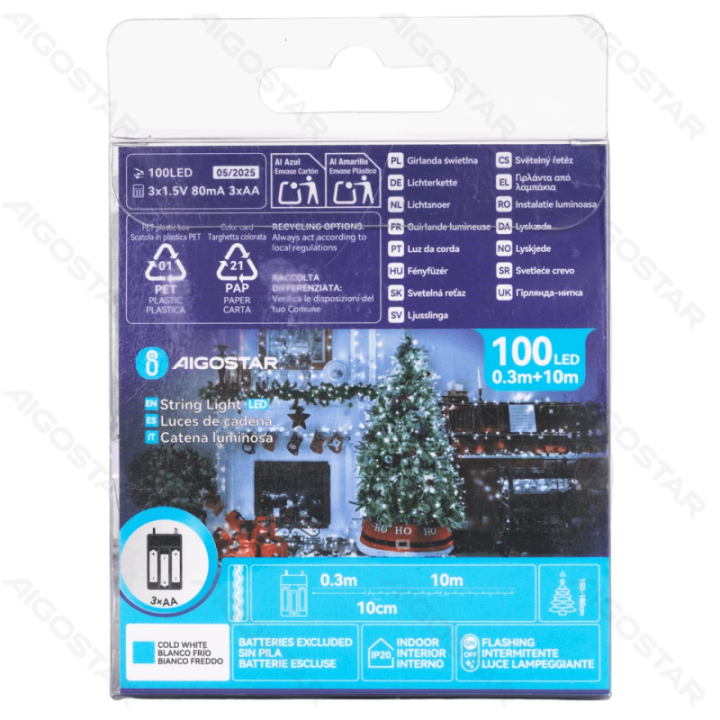 3AA battery flat string lights, cold white, 10m ,IP20 Indoor