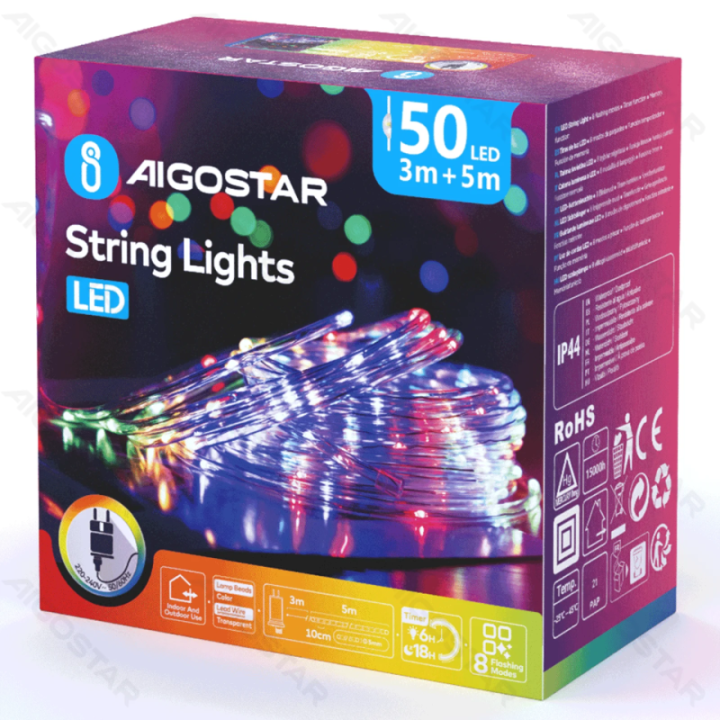 Žemos įtampos -Φ5mm vamzdinė girlianda, RGBY, 5m, IP44, Vidaus&Lauko, Spalvota dėžutė