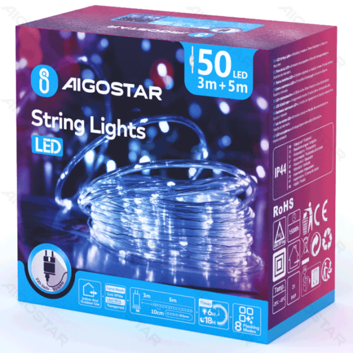 Žemos įtampos -Φ5mm vamzdinė girlianda, šaltai balta, 5m ,IP44, Vidaus&Lauko, Spalvota dėžutė