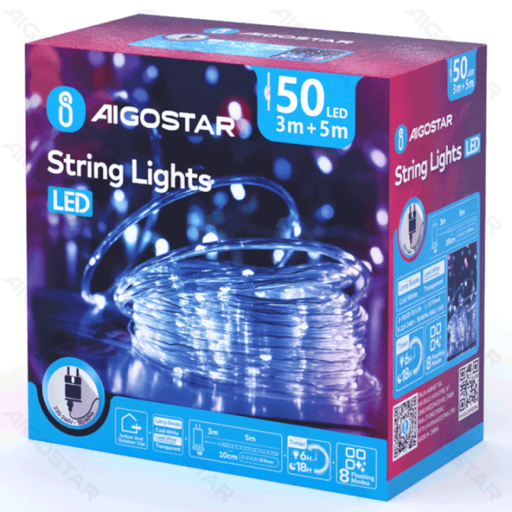 Žemos įtampos -Φ5mm vamzdinė girlianda, šaltai balta, 5m ,IP44, Vidaus&Lauko, Spalvota dėžutė